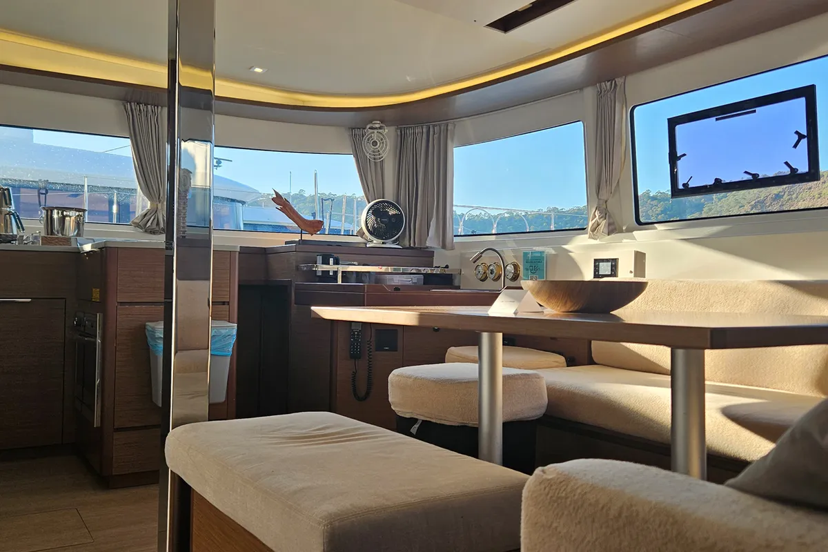 Salon of Shanti, a Lagoon 46 catamaran at Fethiye, Turkey