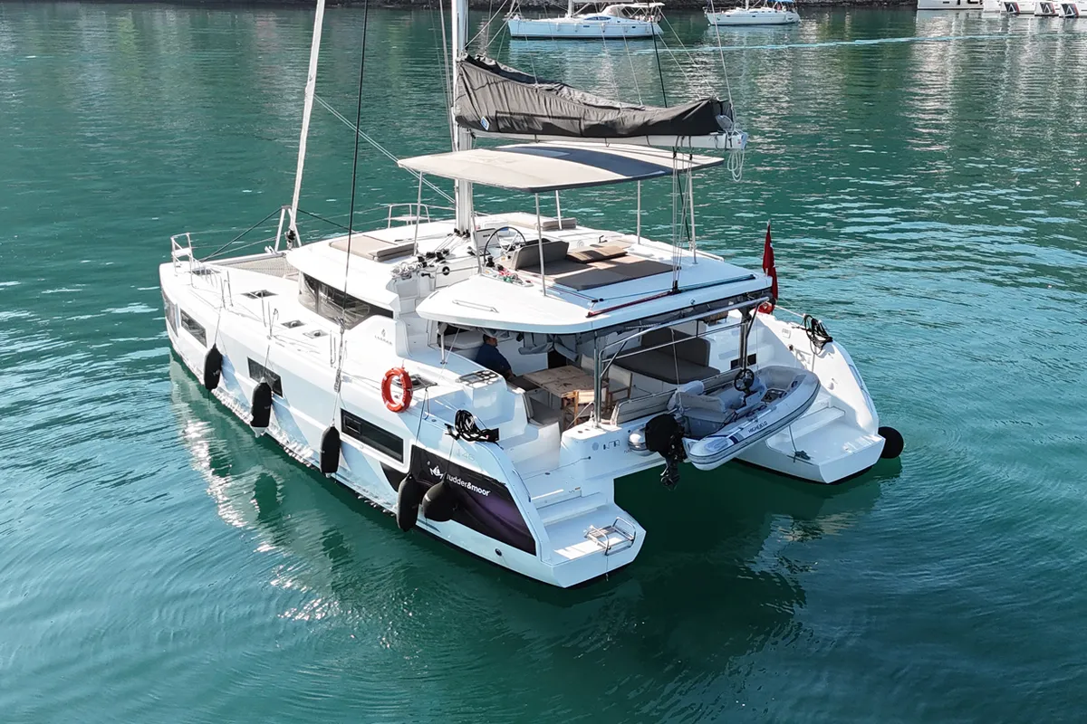 Exterior view of Shanti, a Lagoon 46 catamaran at Fethiye, Turkey