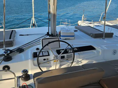 Cockpit of Shanti, a Lagoon 46 catamaran at Fethiye, Turkey