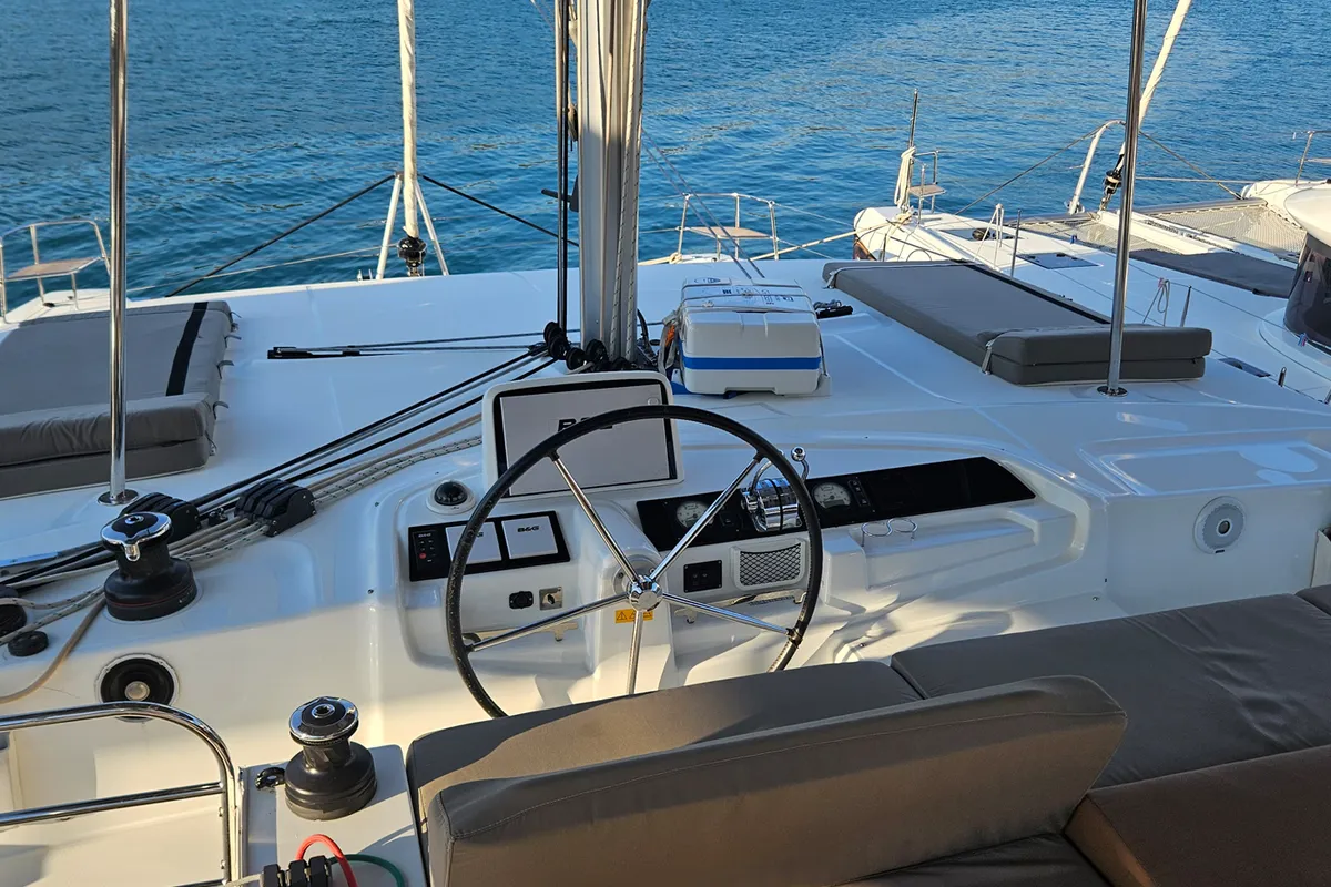 Cockpit of Shanti, a Lagoon 46 catamaran at Fethiye, Turkey