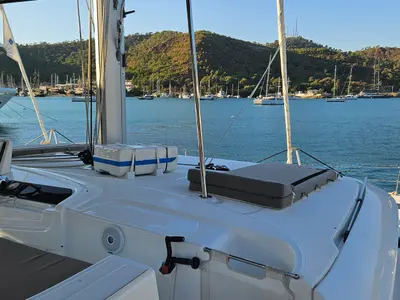 Deck of Shanti, a Lagoon 46 catamaran at Fethiye, Turkey