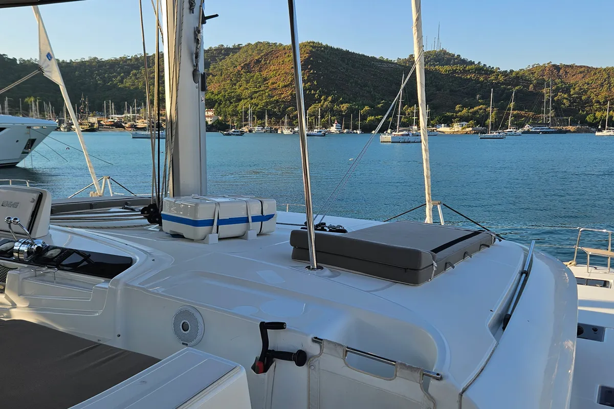 Deck of Shanti, a Lagoon 46 catamaran at Fethiye, Turkey