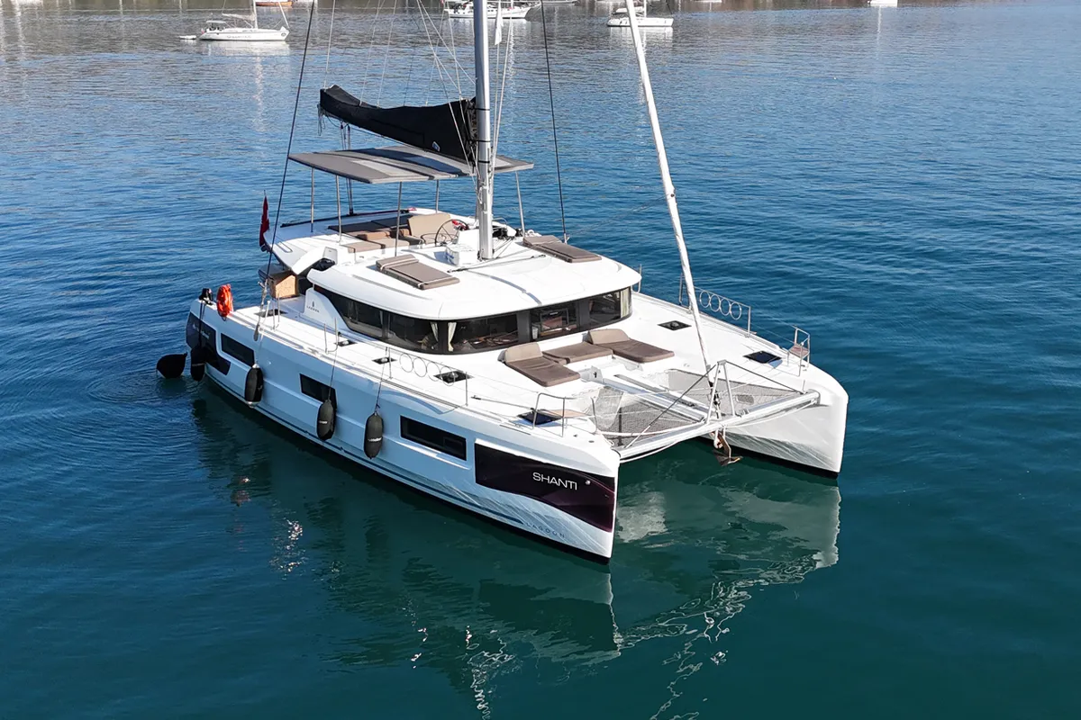 Exterior view of Shanti, a Lagoon 46 catamaran at Fethiye, Turkey