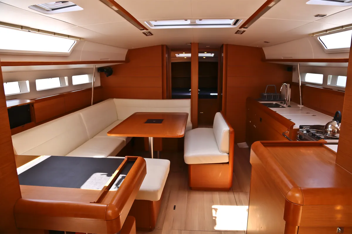 Salon of Amfitriti, a Jeanneau Sun Odyssey 509 sailboat at Loutraki, Greece
