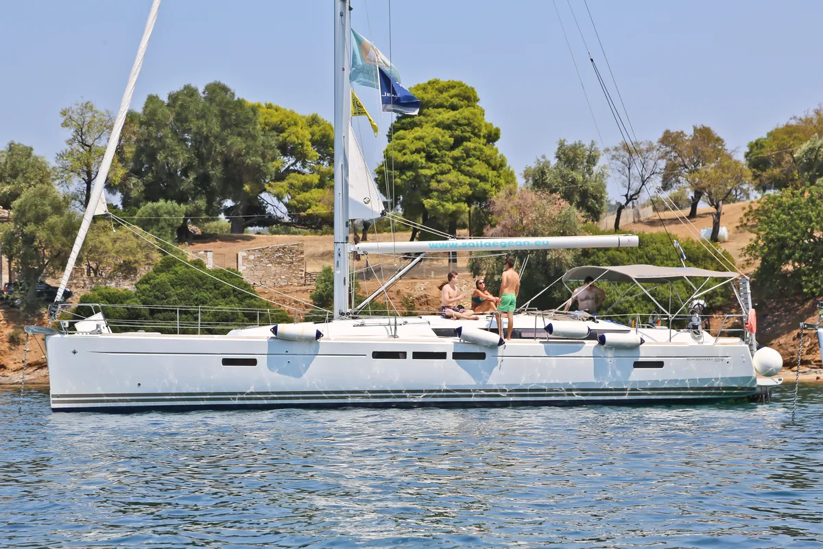 Exterior view of Amfitriti, a Jeanneau Sun Odyssey 509 sailboat at Loutraki, Greece
