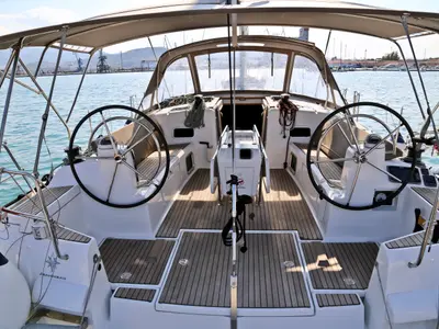 Cockpit of Amfitriti, a Jeanneau Sun Odyssey 509 sailboat at Loutraki, Greece