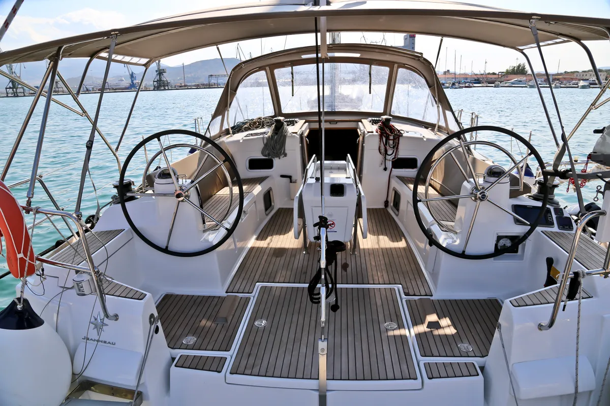 Cockpit of Amfitriti, a Jeanneau Sun Odyssey 509 sailboat at Loutraki, Greece