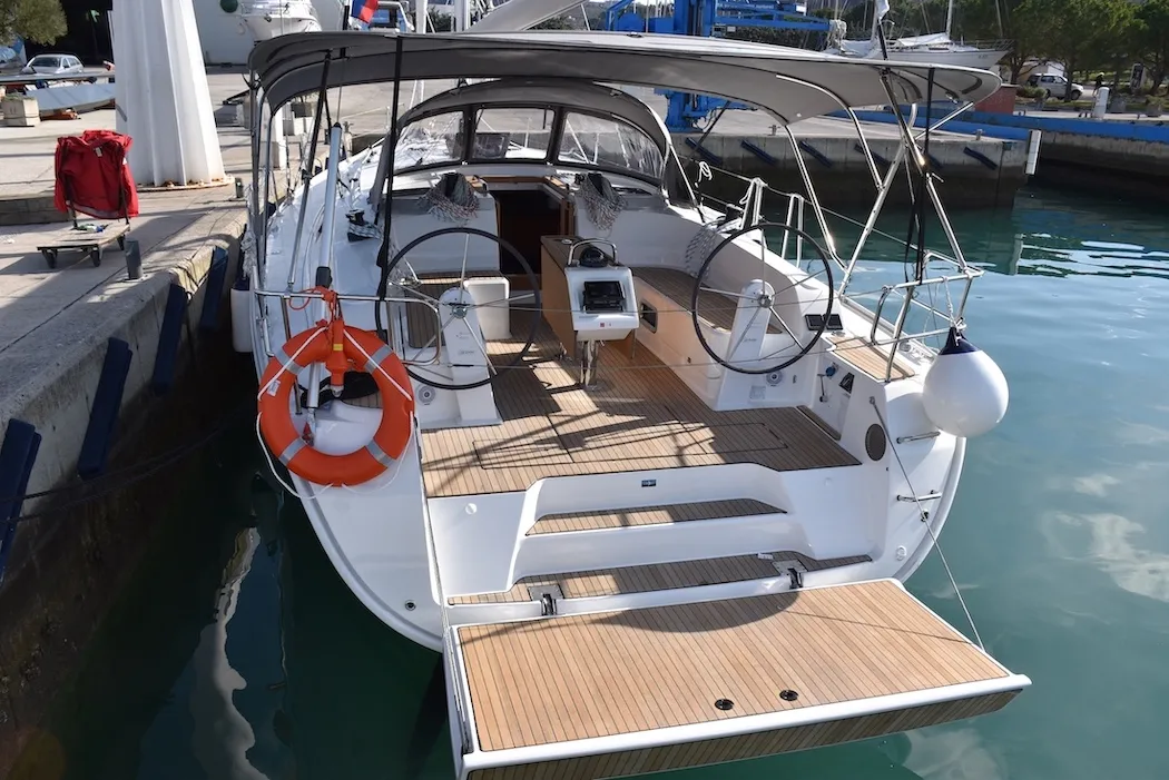 Cockpit of Malbec, a Bavaria Cruiser 46 sailboat at Seget Donji, Croatia
