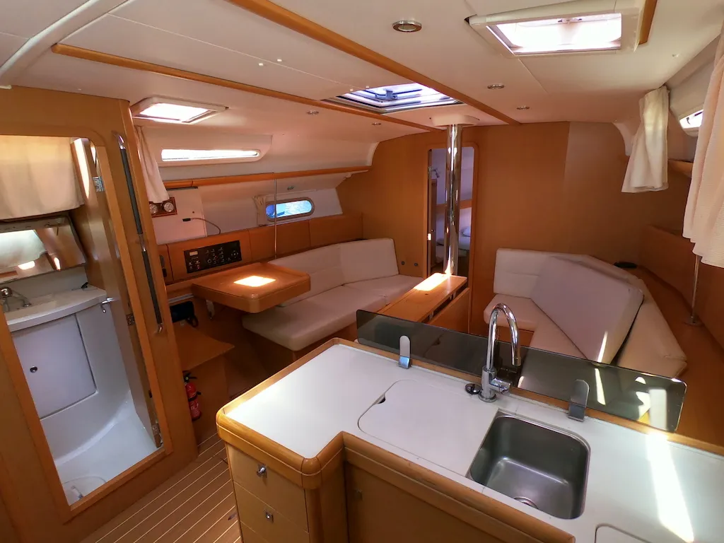Galley of Praha, a Jeanneau Sun Odyssey 42i sailboat at Olbia, Italy