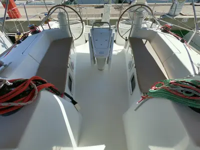 Deck of Praha, a Jeanneau Sun Odyssey 42i sailboat at Olbia, Italy