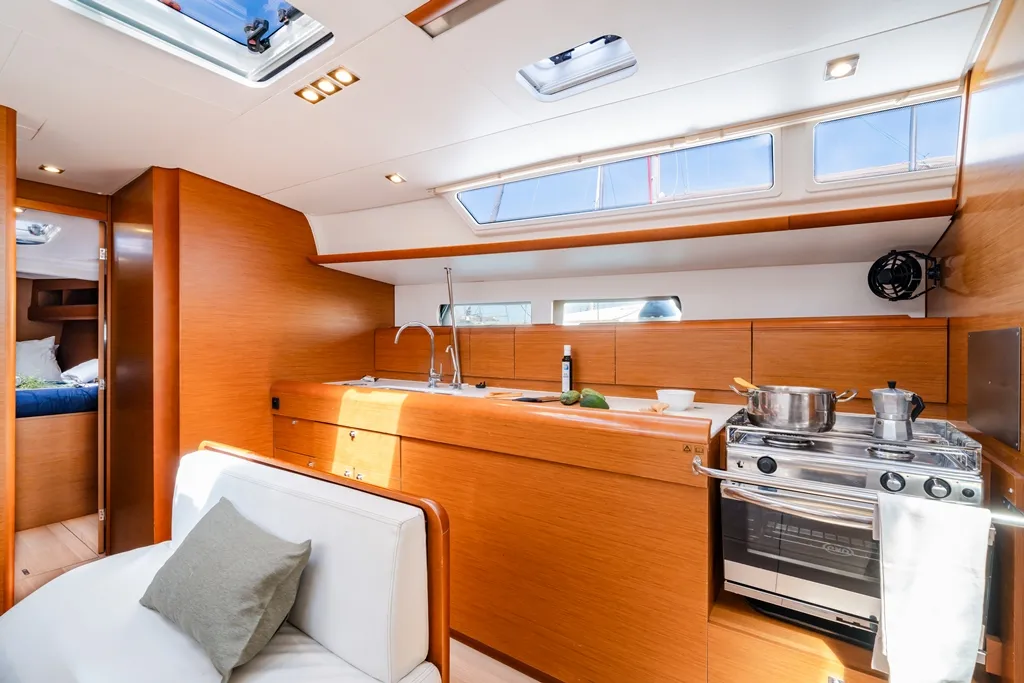 Galley of Sofia, a Jeanneau Sun Odyssey 479 sailboat at Municipal Unit of Ellomenos, Greece