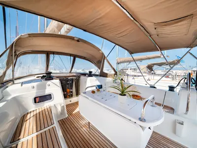 Cockpit of Sofia, a Jeanneau Sun Odyssey 479 sailboat at Municipal Unit of Ellomenos, Greece