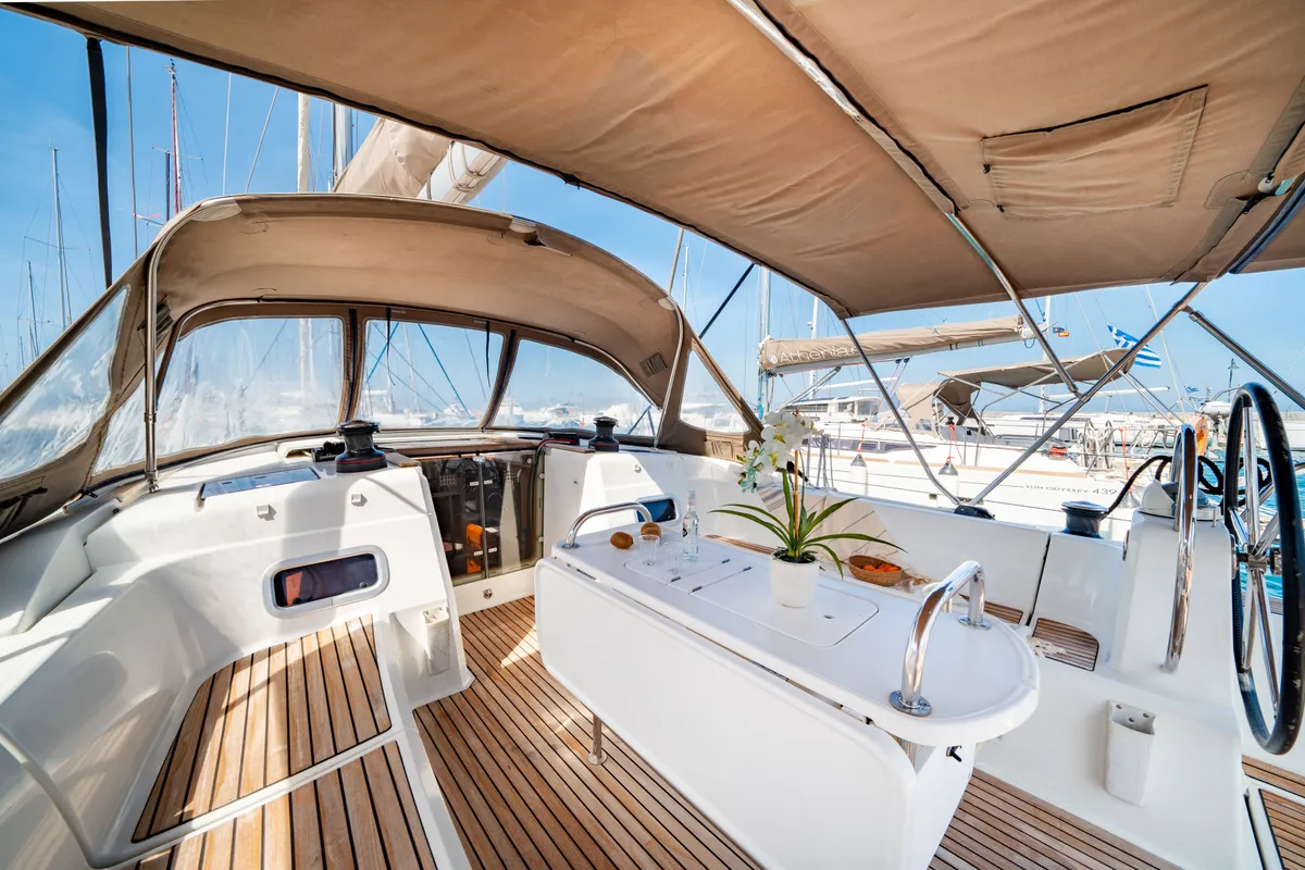 Cockpit of Sofia, a Jeanneau Sun Odyssey 479 sailboat at Municipal Unit of Ellomenos, Greece
