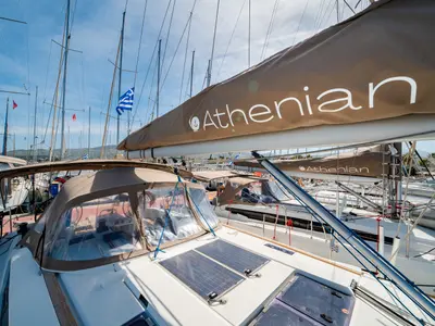 Deck of Sofia, a Jeanneau Sun Odyssey 479 sailboat at Municipal Unit of Ellomenos, Greece