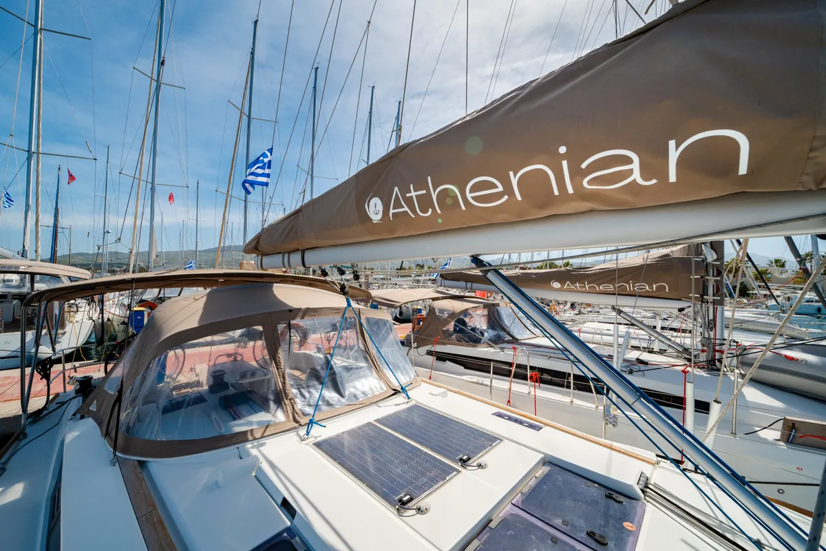 Deck of Sofia, a Jeanneau Sun Odyssey 479 sailboat at Municipal Unit of Ellomenos, Greece