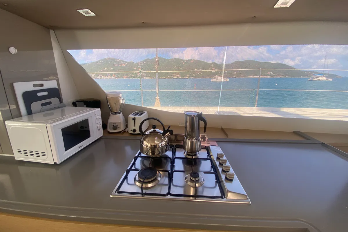 Galley of Sunrise, a Fountaine Pajot Saba 50 catamaran at Road Town, British Virgin Islands