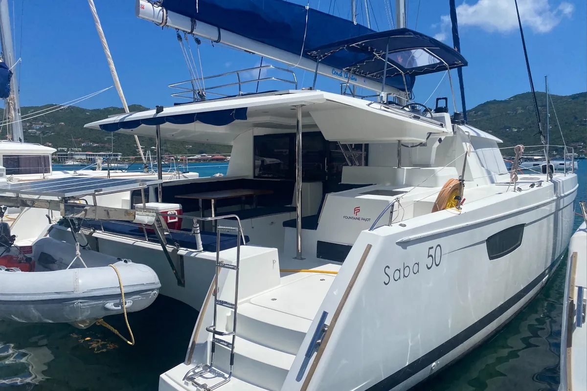 Exterior view of Sunrise, a Fountaine Pajot Saba 50 catamaran at Road Town, British Virgin Islands