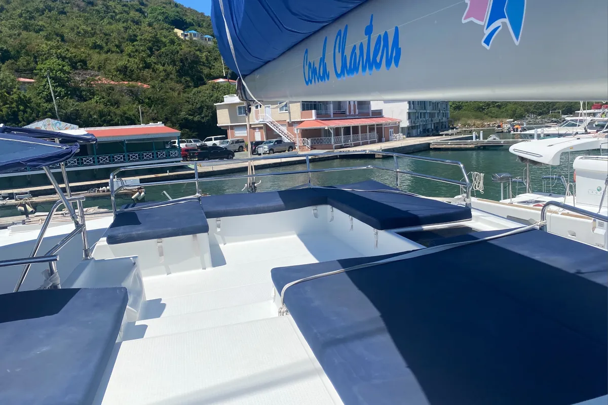 Deck of Sunrise, a Fountaine Pajot Saba 50 catamaran at Road Town, British Virgin Islands