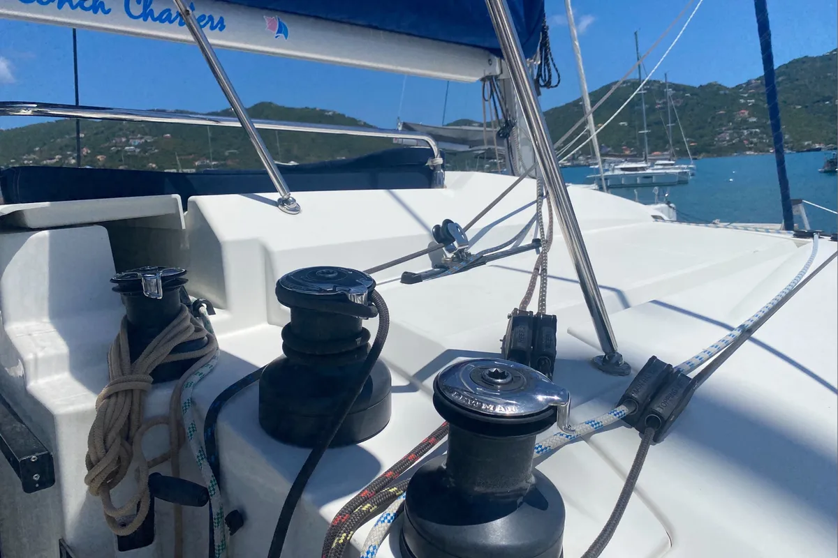 Deck of Sunrise, a Fountaine Pajot Saba 50 catamaran at Road Town, British Virgin Islands