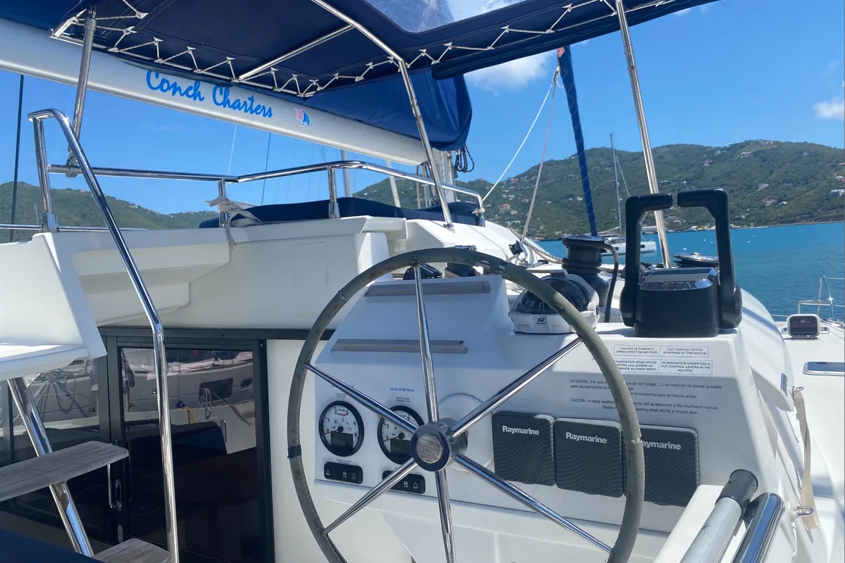 Cockpit of Sunrise, a Fountaine Pajot Saba 50 catamaran at Road Town, British Virgin Islands