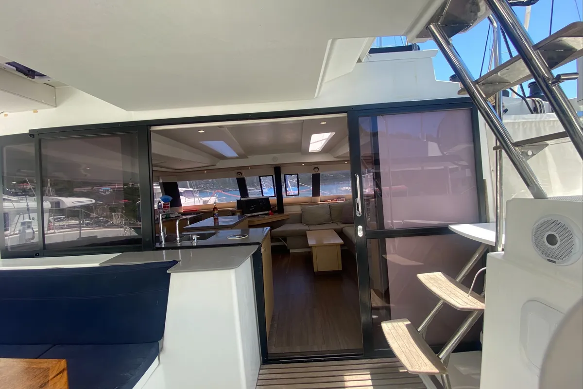 Deck of Sunrise, a Fountaine Pajot Saba 50 catamaran at Road Town, British Virgin Islands