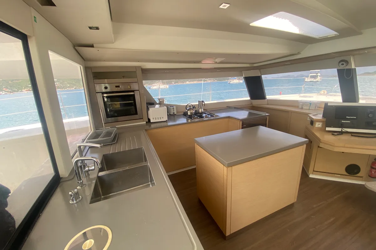 Galley of Sunrise, a Fountaine Pajot Saba 50 catamaran at Road Town, British Virgin Islands