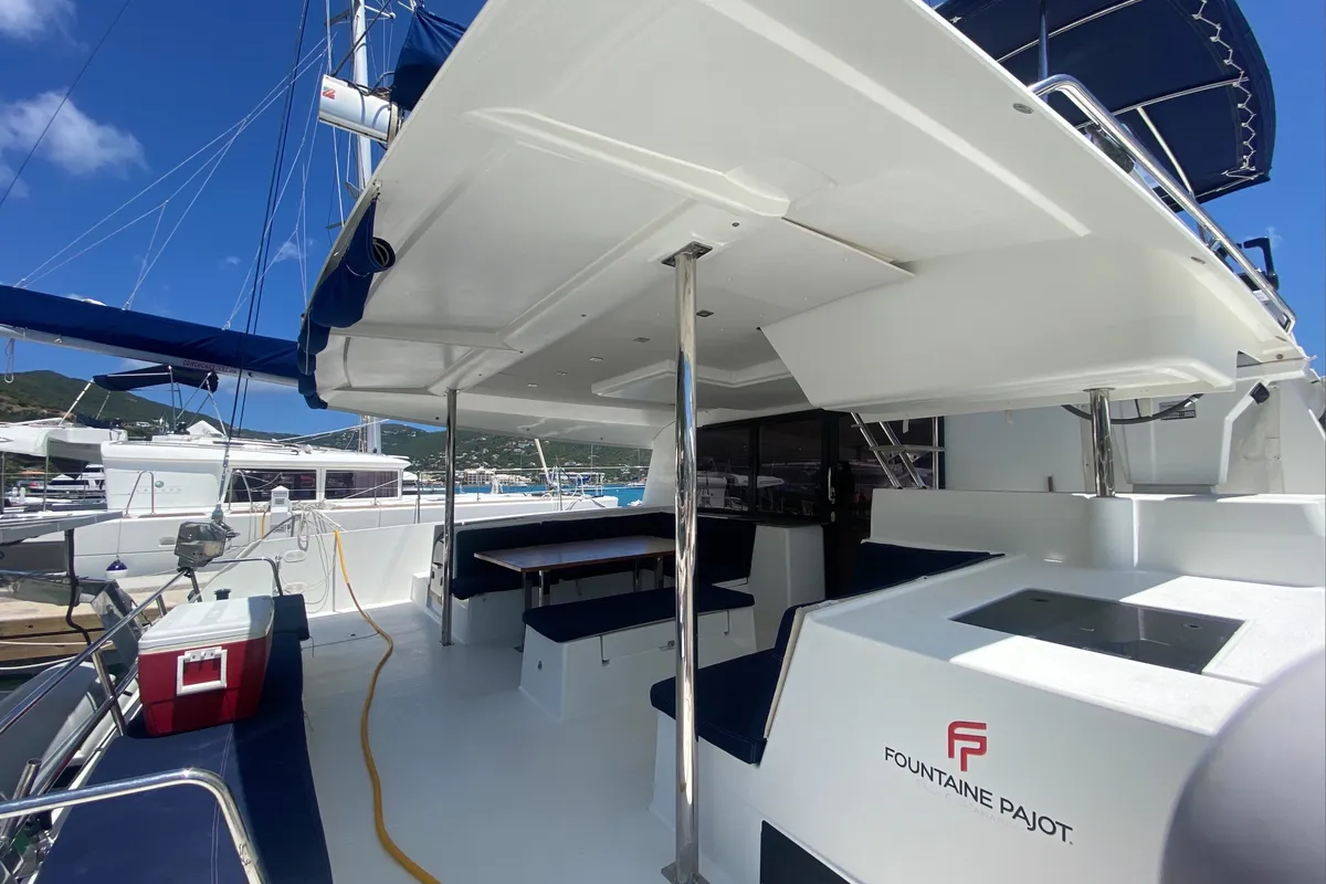 Deck of Sunrise, a Fountaine Pajot Saba 50 catamaran at Road Town, British Virgin Islands