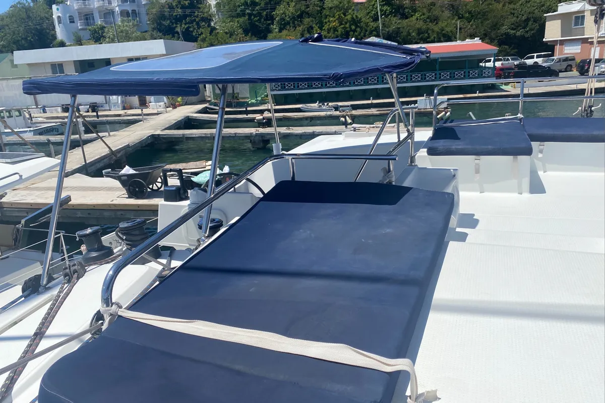 Deck of Sunrise, a Fountaine Pajot Saba 50 catamaran at Road Town, British Virgin Islands