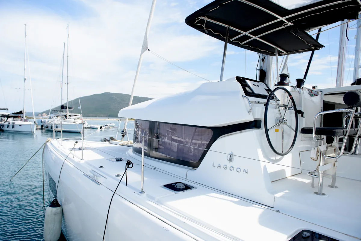 Exterior view of Full Moon, a Lagoon 42 catamaran at Municipal Unit of Lefkada, Greece