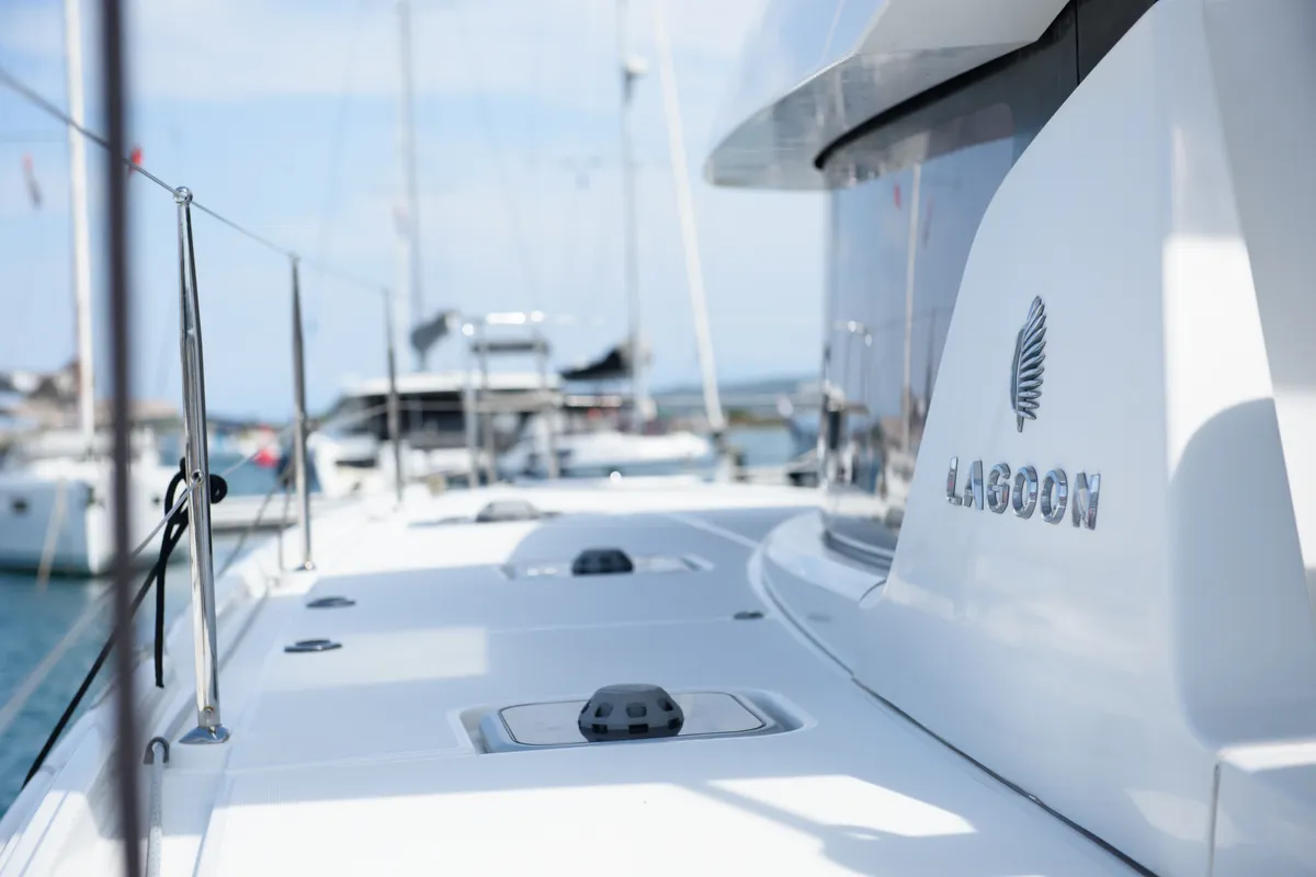 Exterior view of Full Moon, a Lagoon 42 catamaran at Municipal Unit of Lefkada, Greece