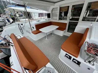 Deck of Silver Kiss, a Excess 12 - 4 + 1 + 1 cab. catamaran at Dubrovnik, Croatia