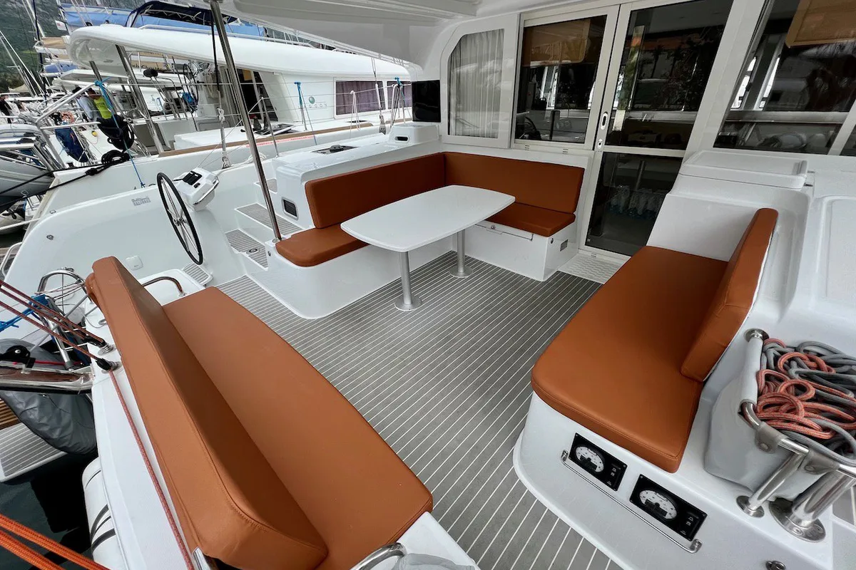 Deck of Silver Kiss, a Excess 12 - 4 + 1 + 1 cab. catamaran at Dubrovnik, Croatia