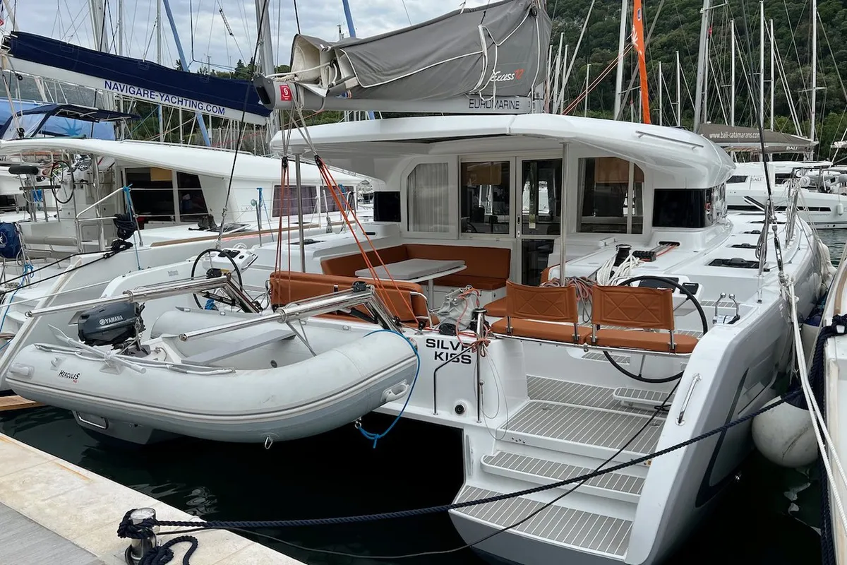 Exterior view of Silver Kiss, a Excess 12 - 4 + 1 + 1 cab. catamaran at Dubrovnik, Croatia
