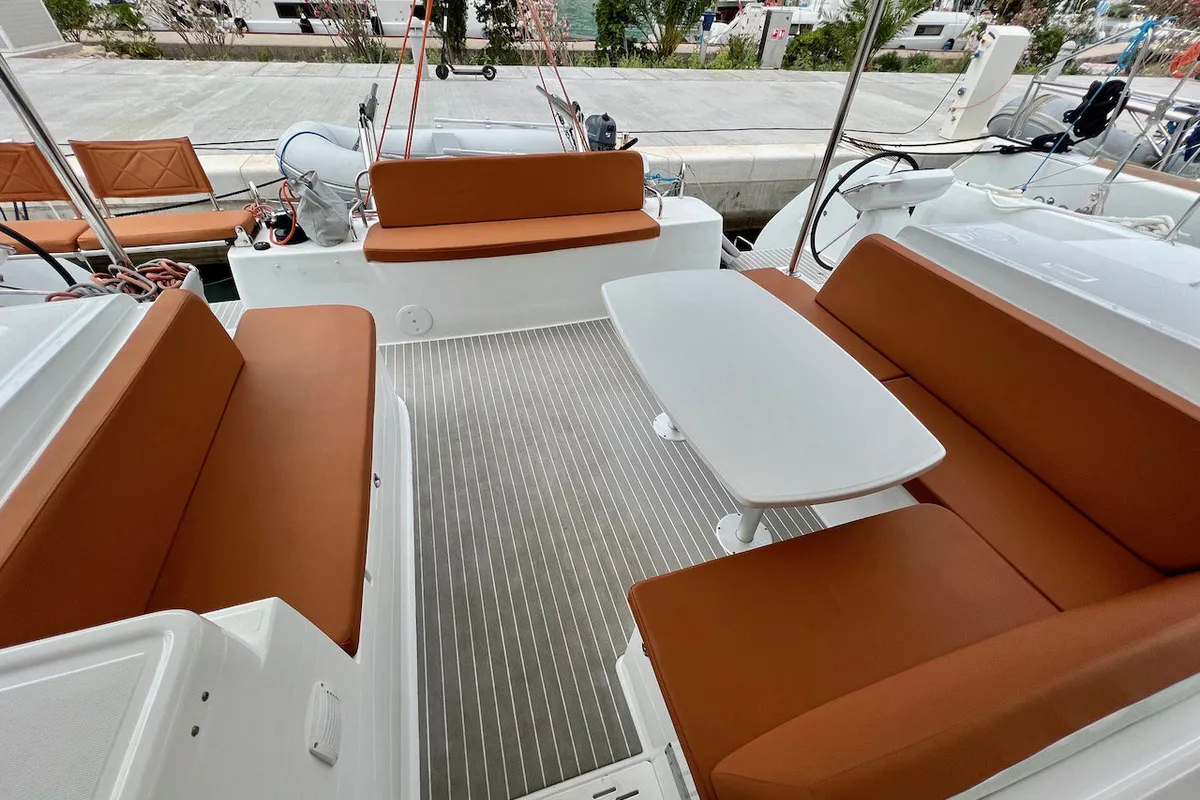 Deck of Silver Kiss, a Excess 12 - 4 + 1 + 1 cab. catamaran at Dubrovnik, Croatia