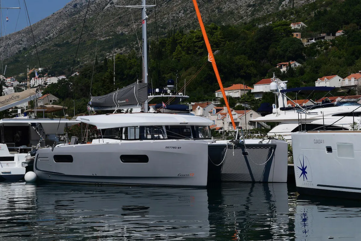 Exterior view of Silver Kiss, a Excess 12 - 4 + 1 + 1 cab. catamaran at Dubrovnik, Croatia