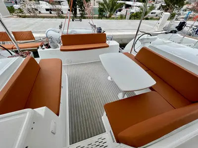 Deck of Silver Kiss, a Excess 12 - 4 + 1 + 1 cab. catamaran at Dubrovnik, Croatia