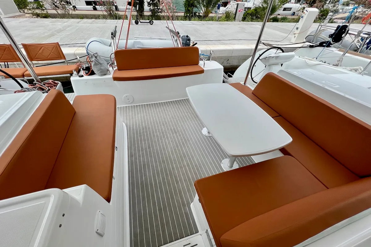Deck of Silver Kiss, a Excess 12 - 4 + 1 + 1 cab. catamaran at Dubrovnik, Croatia