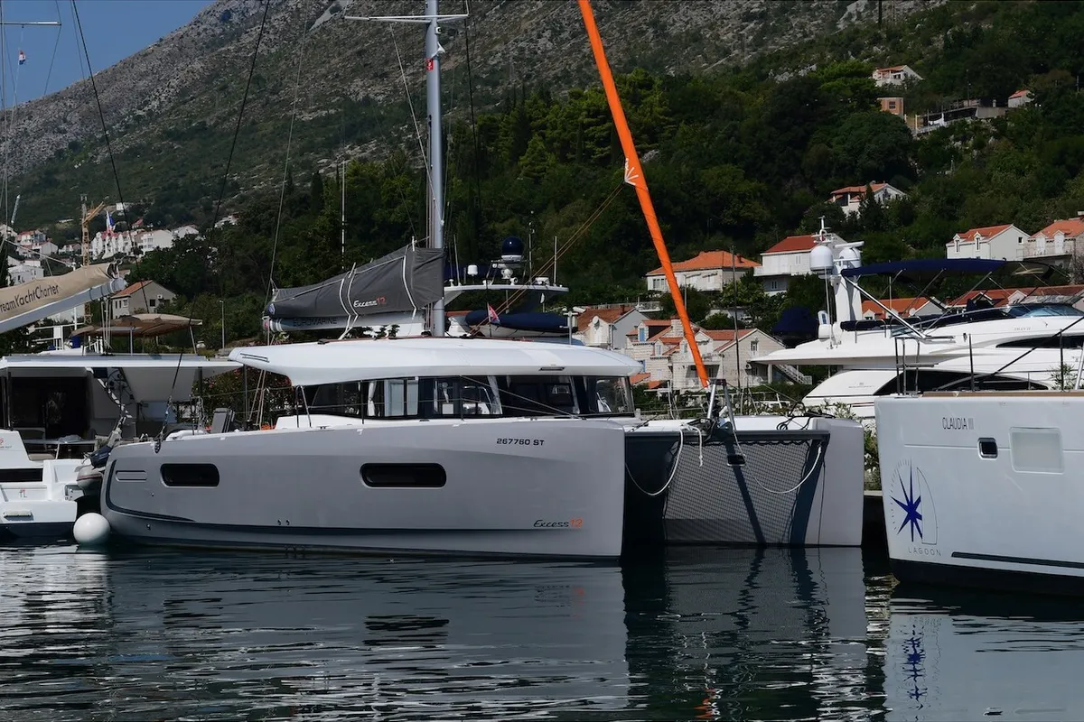 Exterior view of Silver Kiss, a Excess 12 - 4 + 1 + 1 cab. catamaran at Dubrovnik, Croatia