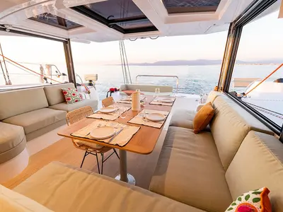 Salon of GoWithTheFlow, a Bali Catsmart catamaran at Seget Donji, Croatia