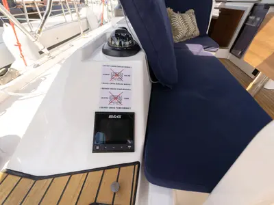 Cockpit of Freya, a Bavaria C38 sailboat at Pirovac, Croatia