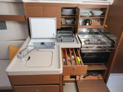 Galley of Ersa, a Beneteau Oceanis 34.1 sailboat at Fethiye, Turkey