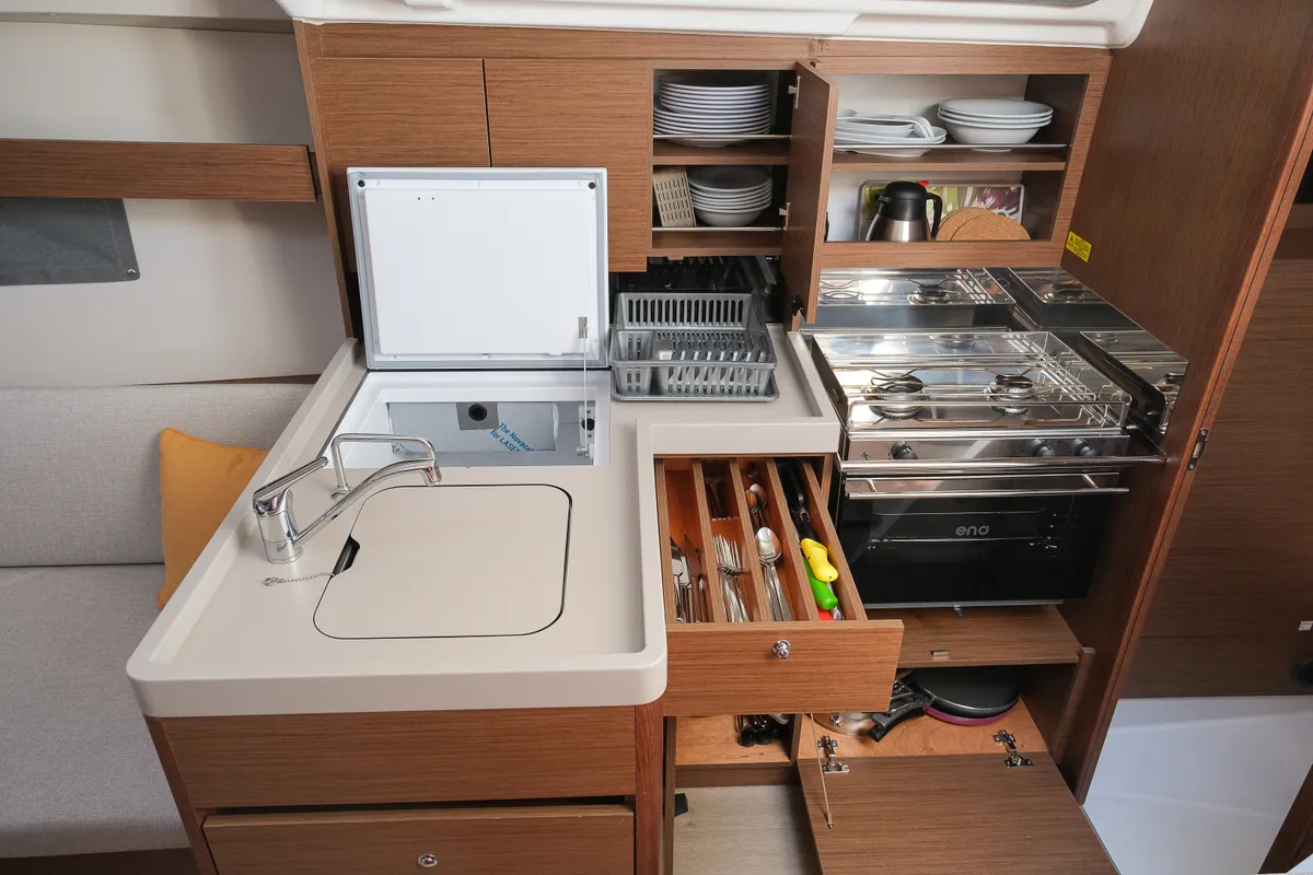 Galley of Ersa, a Beneteau Oceanis 34.1 sailboat at Fethiye, Turkey