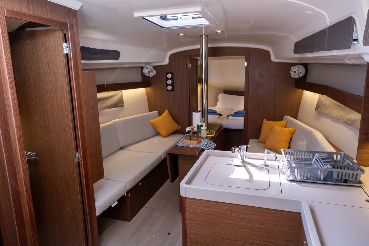 Salon of Ersa, a Beneteau Oceanis 34.1 sailboat at Fethiye, Turkey
