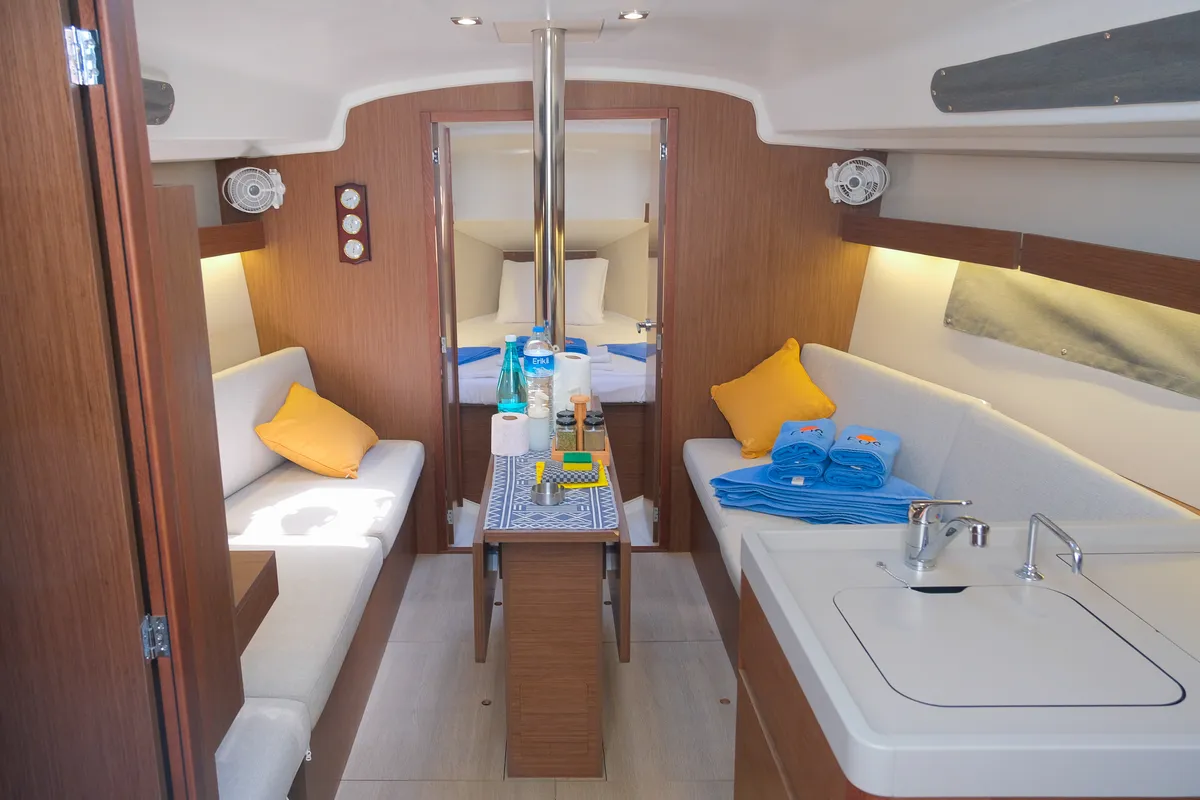 Salon of Ersa, a Beneteau Oceanis 34.1 sailboat at Fethiye, Turkey