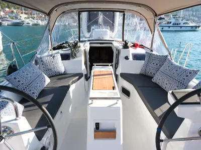 Cockpit of Ersa, a Beneteau Oceanis 34.1 sailboat at Fethiye, Turkey