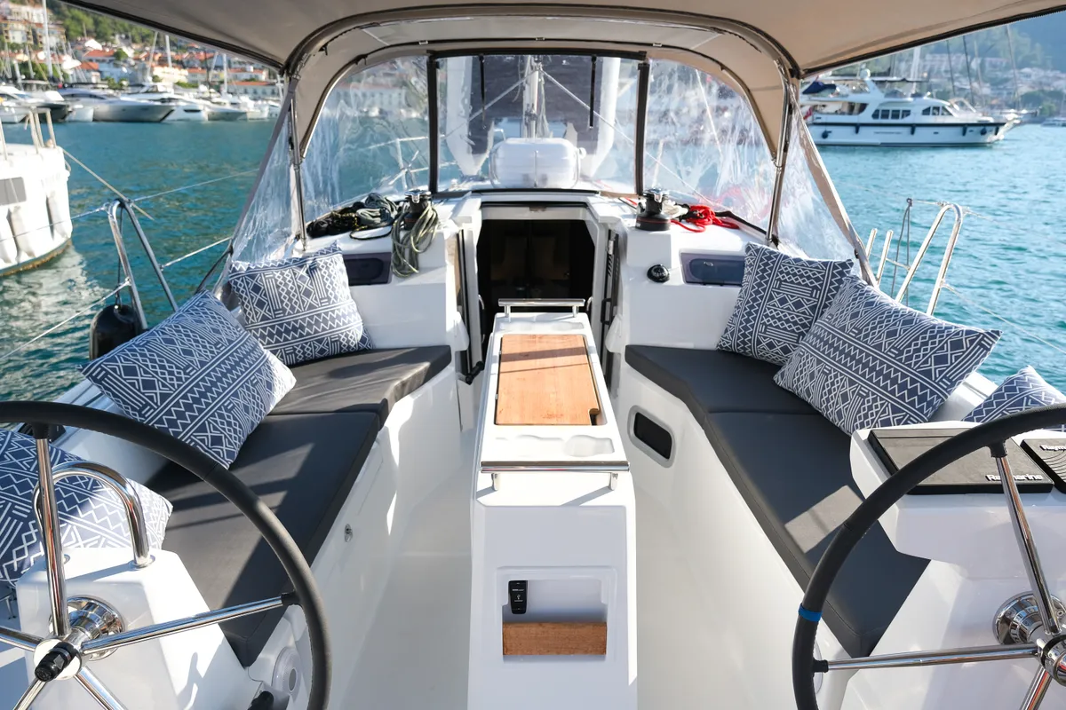 Cockpit of Ersa, a Beneteau Oceanis 34.1 sailboat at Fethiye, Turkey