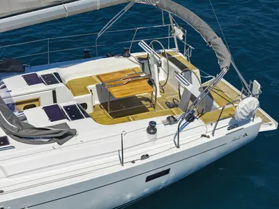 Deck of Scarlett, a Hanse 455 sailboat at Seget Donji, Croatia