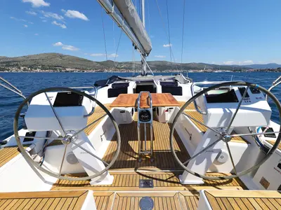 Cockpit of Scarlett, a Hanse 455 sailboat at Seget Donji, Croatia