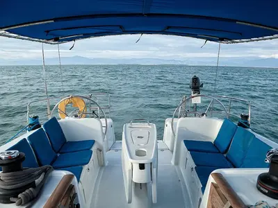 Cockpit of Hermes, a Beneteau Cyclades 43.4 sailboat at Preveza, Greece