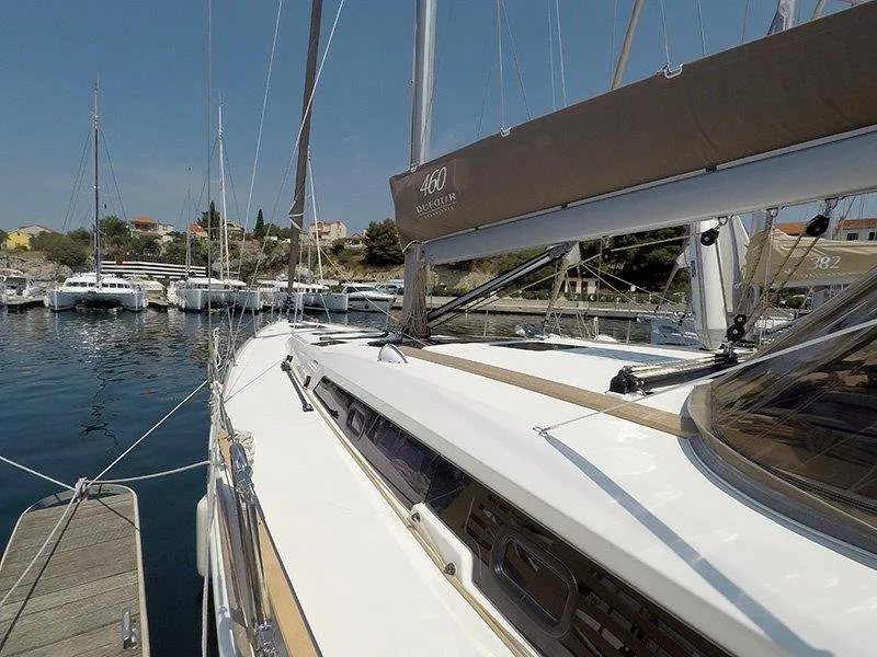 Deck of Avalon II, a Dufour 460 GL sailboat at Grad Šibenik, Croatia